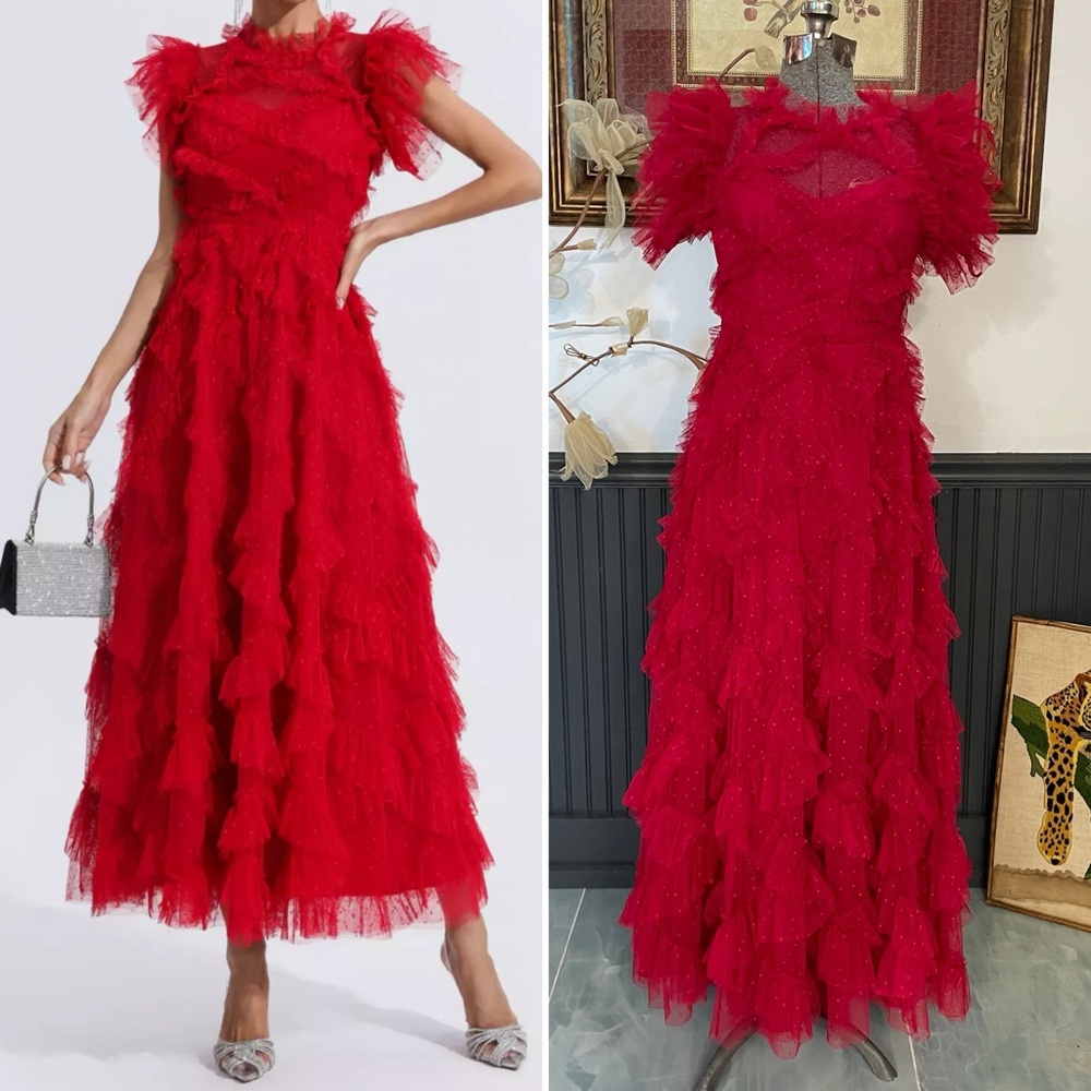 CATCHALL Red Gown Old Hollywood Glamour Diamond Tulle Dress - Size medium